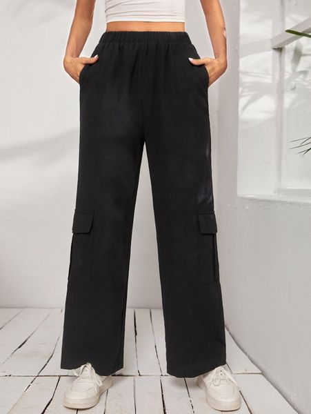 elastic waist flap pocket wide leg pants e9j8#, Black;white