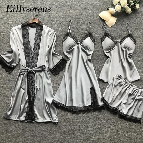 women's sleepwear 2021 women pajamas sets satin silk 4 pieces nightwear pyjama spaghetti strap lace sleep lounge pijama with chest pads, Black;red
women's sleepwear 2021 women pajamas sets satin silk 4 pieces nightwear pyjama spaghetti strap lace sleep lounge pijama with chest pads, Black;red