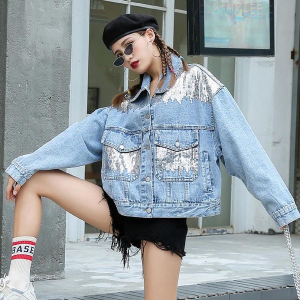 women hip hop design sequins outfit large size loose autumn coat turn down collar denim jacket, Black;brown
women hip hop design sequins outfit large size loose autumn coat turn down collar denim jacket, Black;brown