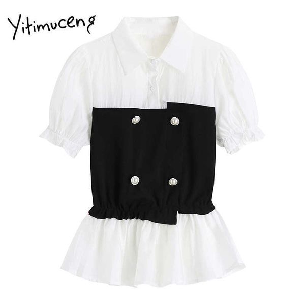 yitimuceng irregular blouse women button up patchwork plus size shirts puff sleeve clothes summer korean fashion 210601, White 
yitimuceng irregular blouse women button up patchwork plus size shirts puff sleeve clothes summer korean fashion 210601, White