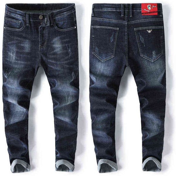 men's jeans designer winter autumn brand slim straight elastic casual 9dww, Blue