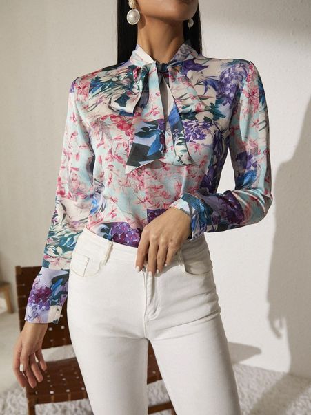 tie neck floral print x69f#, White
tie neck floral print x69f#, White