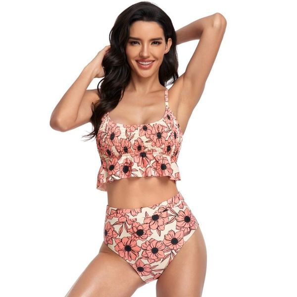 women's swimwear drawstring pink flower print sweet bikini ruffle high waisted swimsuit, White;black
women's swimwear drawstring pink flower print sweet bikini ruffle high waisted swimsuit, White;black