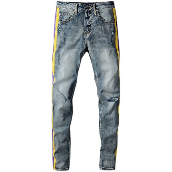 fashion jeans high street retro men's unique edged elastic holes ripped colored stripe stretch denim streetwear hole pants 681, Blue
fashion jeans high street retro men's unique edged elastic holes ripped colored stripe stretch denim streetwear hole pants 681, Blue