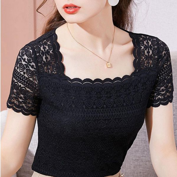 women's t-shirt short sleeve lace 2021 summer square collar solid color hollow out women shirt blusas, White
women's t-shirt short sleeve lace 2021 summer square collar solid color hollow out women shirt blusas, White