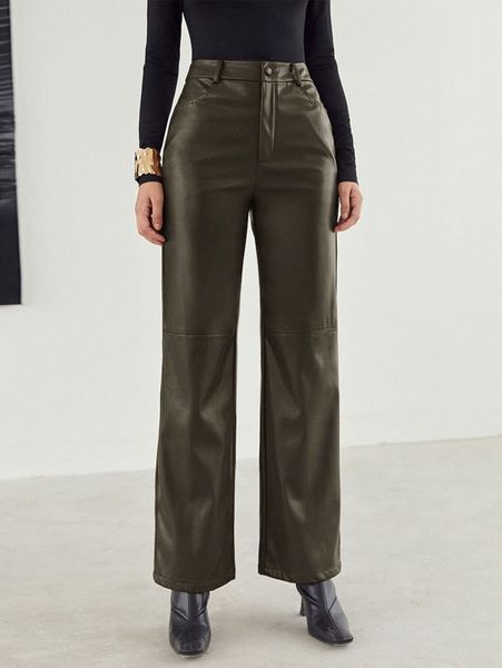 zipper fly palazzo pu pants l9xy#, Black;white