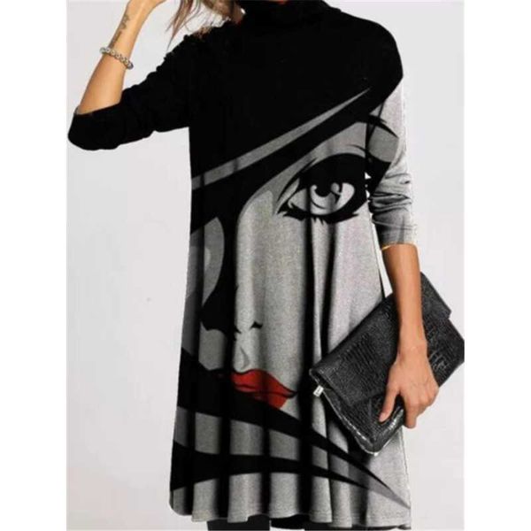 casual dresses women turtleneck warm vintage face print dress 2021 autumn elegant long sleeves patchwork female loose vestidos, Black;gray 
casual dresses women turtleneck warm vintage face print dress 2021 autumn elegant long sleeves patchwork female loose vestidos, Black;gray