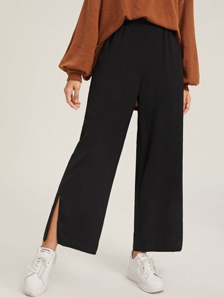 split hem wide leg pants t7dv#, Black;white 
split hem wide leg pants t7dv#, Black;white