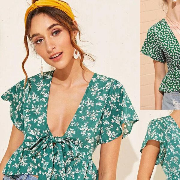 new women summer floral short sleeve low cut blouse crop loose beach style holiday sweet ladies casual short blouse, White
new women summer floral short sleeve low cut blouse crop loose beach style holiday sweet ladies casual short blouse, White