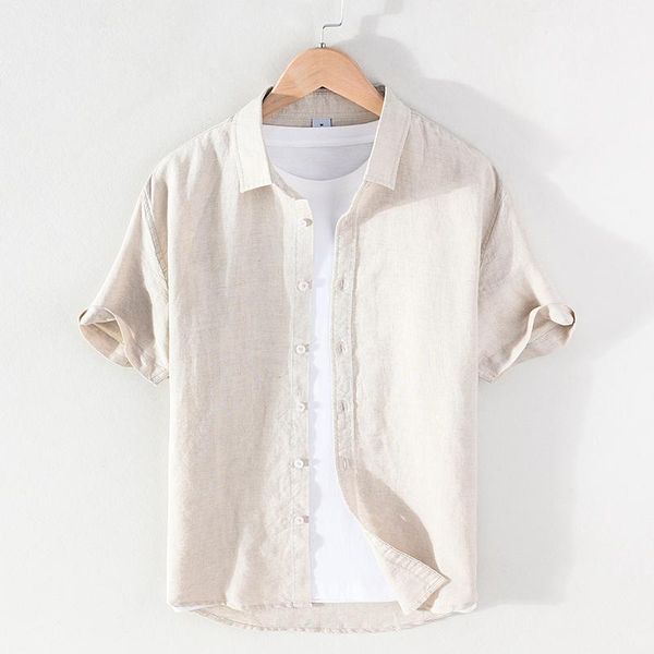 men's casual shirts linen short sleeve solid shirt in 2021, White;black
