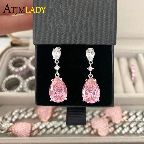 dangle & chandelier 2021 luxury sparking bling iced out pear drop pink clear cz cubic zirconia wedding engagement band bridal gift earring, Silver