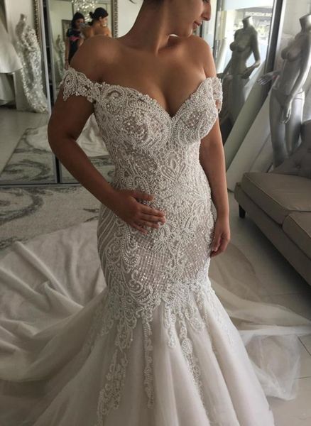 luxurious mermaid wedding dresses off shoulder pearls beads sequined crystals court train dubai arabic bridal gowns, White
luxurious mermaid wedding dresses off shoulder pearls beads sequined crystals court train dubai arabic bridal gowns, White