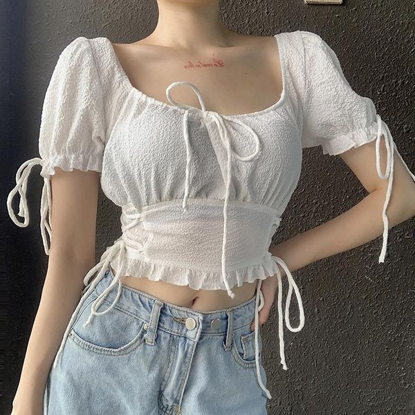 summer casual basic lady shirt slash neck solid bandage off shoulder ruffles lace-up slim crop club female clothes, White
summer casual basic lady shirt slash neck solid bandage off shoulder ruffles lace-up slim crop club female clothes, White