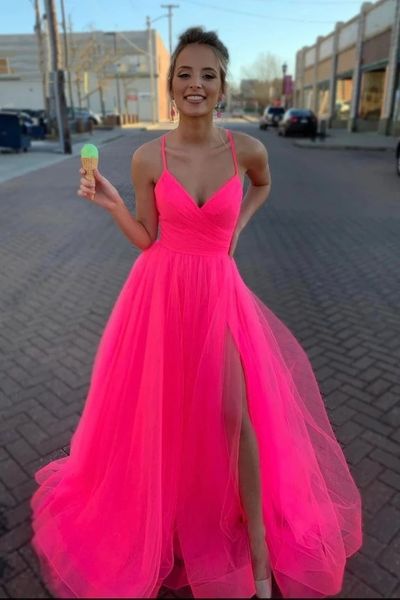2021 side split spaghetti fuchsia pink prom dresses long tulle special occasion dress a-line evening party engagement gowns, Black
2021 side split spaghetti fuchsia pink prom dresses long tulle special occasion dress a-line evening party engagement gowns, Black
