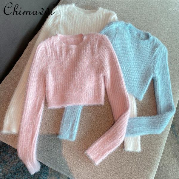 autumn and winter korean short knit sweater solid color round neck pullover long sleeve slim plush women women's sweaters, White;black
autumn and winter korean short knit sweater solid color round neck pullover long sleeve slim plush women women's sweaters, White;black