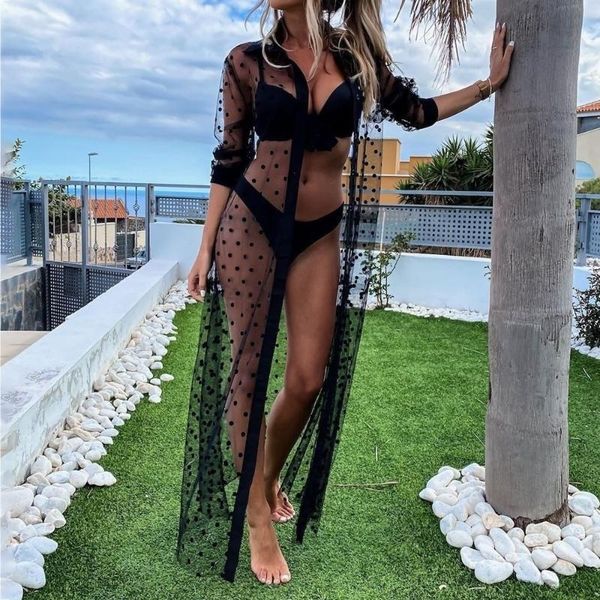 women's swimwear woman's polka dot beach smock lapel long sleeve mesh perspective cover up for daily life and vacation, White;black
women's swimwear woman's polka dot beach smock lapel long sleeve mesh perspective cover up for daily life and vacation, White;black