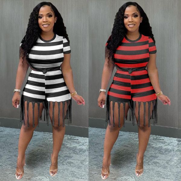 women's tracksuits 2021 summer fashion stripe printed tassel two-piece set, Gray