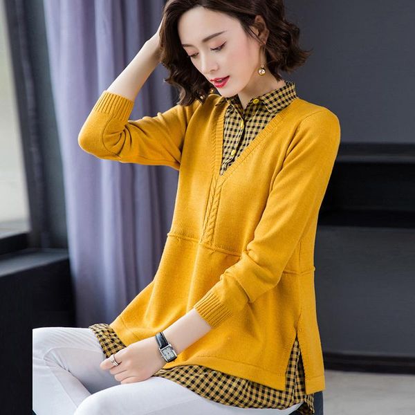 women's sweaters plaid shirt collar fake two pieces knitted pullovers for women patchwork knitwear casual loose spring sweater femme, White;black
women's sweaters plaid shirt collar fake two pieces knitted pullovers for women patchwork knitwear casual loose spring sweater femme, White;black