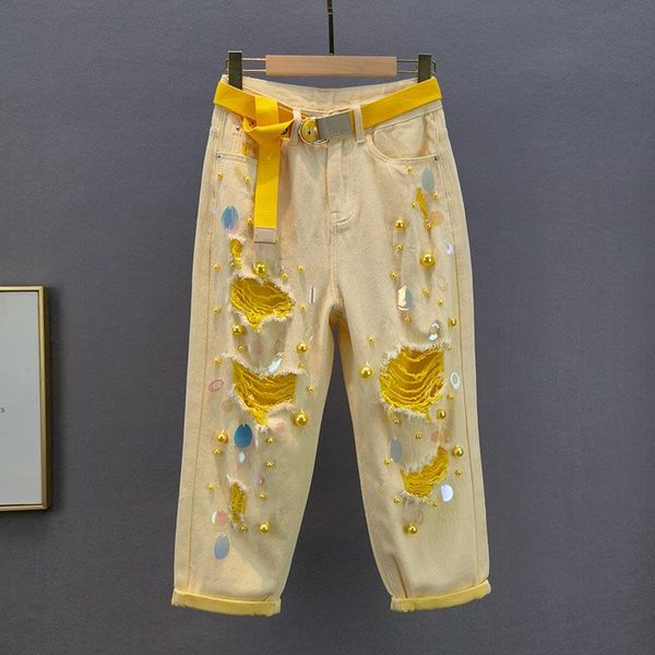 women's jeans ripped women 2021 summer high waist loose beaded sequined holes denim pants with belt girls lady streetwear trousers, Blue
women's jeans ripped women 2021 summer high waist loose beaded sequined holes denim pants with belt girls lady streetwear trousers, Blue