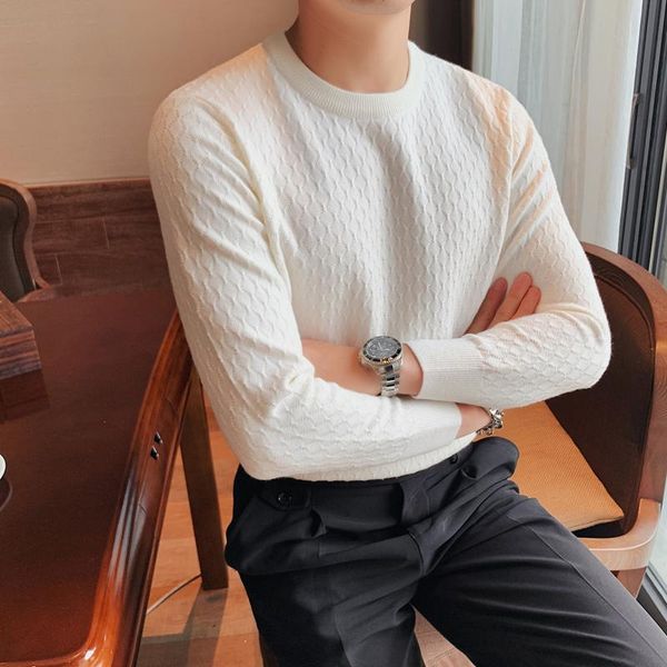 men's sweaters 2021 british style winter mens fashion striped boutique wool blend casual round neck knitted slim fit warm sweater, White;black
men's sweaters 2021 british style winter mens fashion striped boutique wool blend casual round neck knitted slim fit warm sweater, White;black