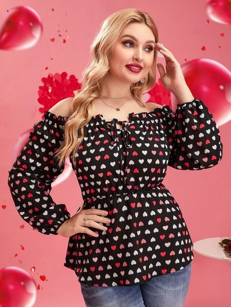 plus allover heart print off shoulder tie front lantern sleeve blouse b6v0#, Black 
plus allover heart print off shoulder tie front lantern sleeve blouse b6v0#, Black