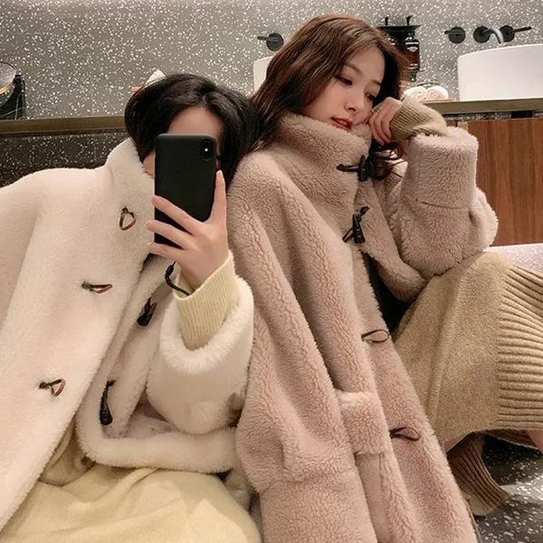 women's fur & faux winter korean fashion loose long coat women horn button solid warm thick plush lamb wool jacket cute sweet overcoat, Black
women's fur & faux winter korean fashion loose long coat women horn button solid warm thick plush lamb wool jacket cute sweet overcoat, Black
