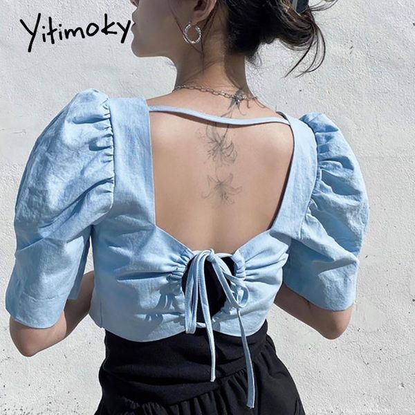 women's blouses & shirts yitimoky vintage women backless lace up square collar fashion button puff sleeve casual blue short 2021 summe, White
women's blouses & shirts yitimoky vintage women backless lace up square collar fashion button puff sleeve casual blue short 2021 summe, White