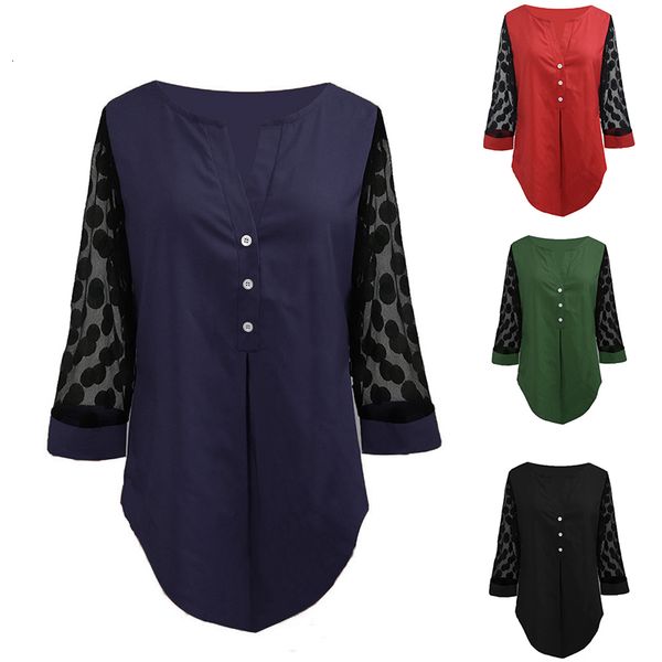 asymmetric hem button v neck blouse women 4xl 5xl plus size tunic 2021 spring polka dot 3/4 sleeve women shirts blouses cx200616, White 
asymmetric hem button v neck blouse women 4xl 5xl plus size tunic 2021 spring polka dot 3/4 sleeve women shirts blouses cx200616, White