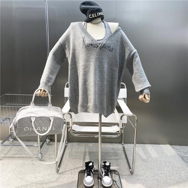 women's sweaters 2021 casual and versatile loose gentle sweater two piece set embroidered letter print off shoulder pullover knit, White;black
women's sweaters 2021 casual and versatile loose gentle sweater two piece set embroidered letter print off shoulder pullover knit, White;black