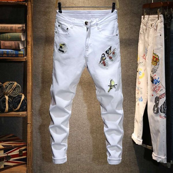 spring and summer white leisure embroidery jeans fashion brand youth handsome personality long pants men's elastic stylewinter, Blue 
spring and summer white leisure embroidery jeans fashion brand youth handsome personality long pants men's elastic stylewinter, Blue