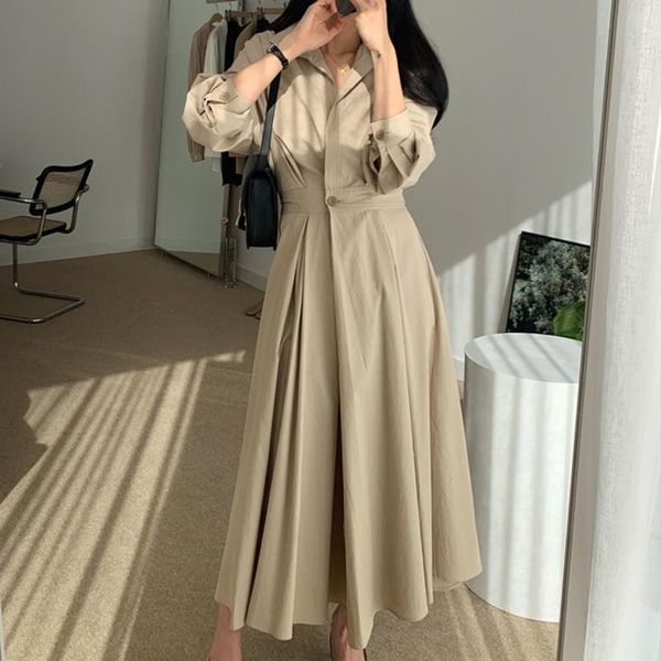 casual dresses korean chic elegant lapel collar one button elastic waist dress women puff sleeve solid autumn lady pleated shirt vestidos, Black;gray
casual dresses korean chic elegant lapel collar one button elastic waist dress women puff sleeve solid autumn lady pleated shirt vestidos, Black;gray