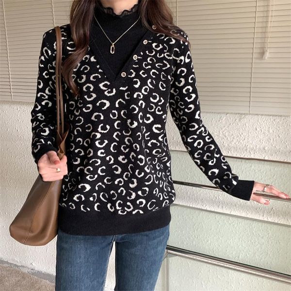 women's sweaters leopard print autumn and winter 2021 black long-sleeved stitching lace design sweater knitted bottoming shirt women, White;black
women's sweaters leopard print autumn and winter 2021 black long-sleeved stitching lace design sweater knitted bottoming shirt women, White;black