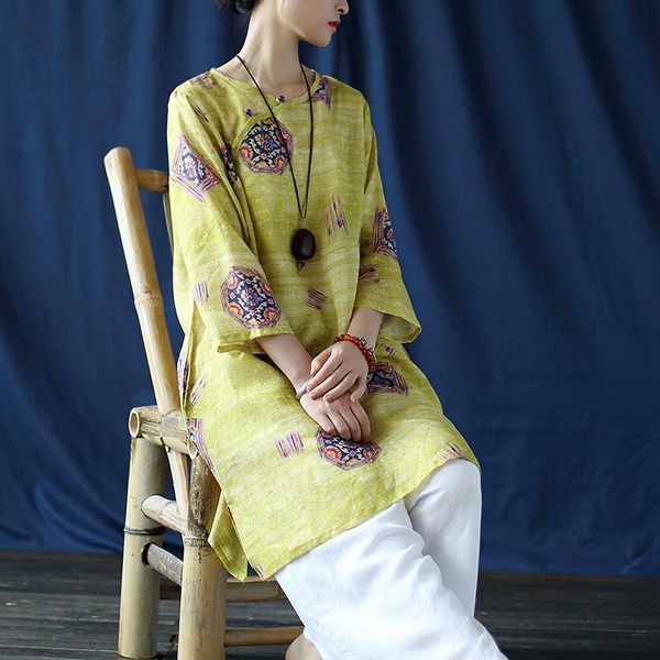 women's blouses & shirts women loose printed autumn ramie blouse shirt ladies print female retro three quarter sleeve long 2021, White 
women's blouses & shirts women loose printed autumn ramie blouse shirt ladies print female retro three quarter sleeve long 2021, White