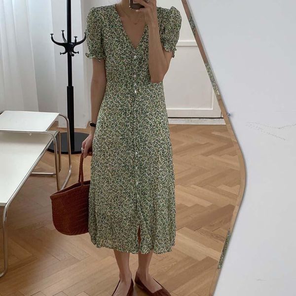 casual dresses one-piece chic flowers summer women dress v-neck single-breasted elegant slim waist korean female short sleeve 2021, Black;gray