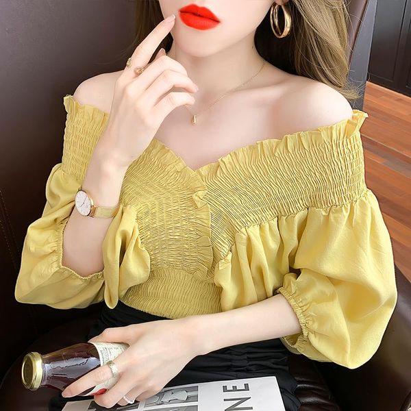women's blouses & shirts 2021 summer design mesh short puff sleeve elastic loose one shoulder noble lady dating office shirt woman, White
women's blouses & shirts 2021 summer design mesh short puff sleeve elastic loose one shoulder noble lady dating office shirt woman, White