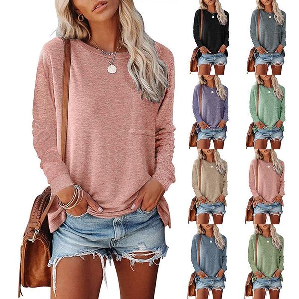 women's t-shirt 2021 autumn and winter round neck pocket split long sleeve casual loose top, White
women's t-shirt 2021 autumn and winter round neck pocket split long sleeve casual loose top, White