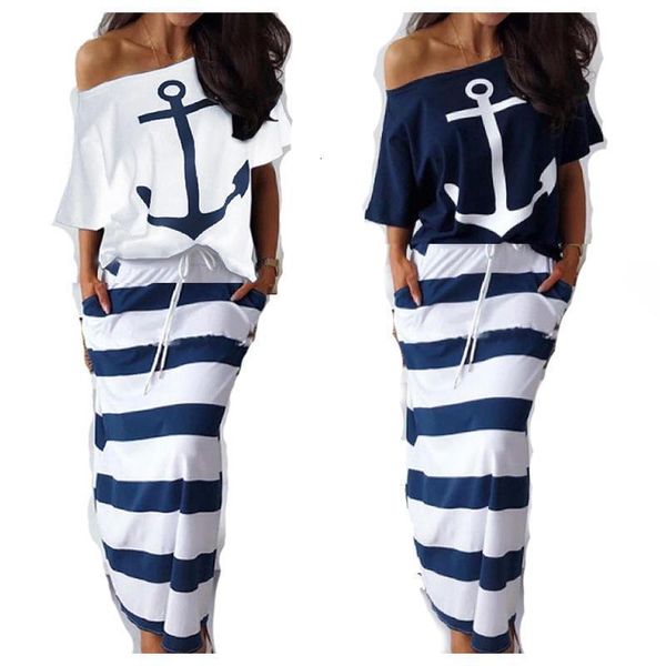 women summer anchor print short sleeve t-shirt oblique shoulder & stripe skirt suit ladies casual soft set, Gray
women summer anchor print short sleeve t-shirt oblique shoulder & stripe skirt suit ladies casual soft set, Gray