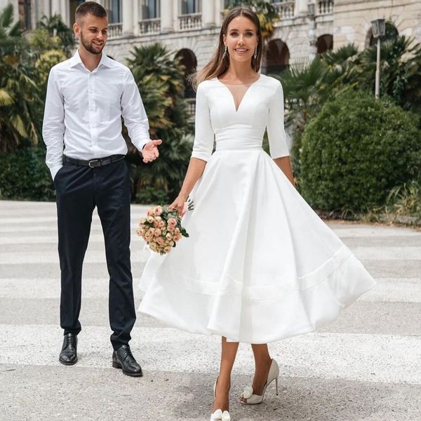 sheer tulle v neck bridal gowns half sleeves zipper back wedding dresses tea length a line summer vestidos de fiesta, White
sheer tulle v neck bridal gowns half sleeves zipper back wedding dresses tea length a line summer vestidos de fiesta, White