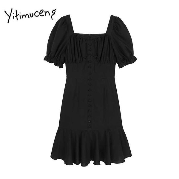 yitimuceng ruffles dresses women summer button up high waist puff sleeve square collar unicolor black fashion dress 210601, Black;gray
yitimuceng ruffles dresses women summer button up high waist puff sleeve square collar unicolor black fashion dress 210601, Black;gray