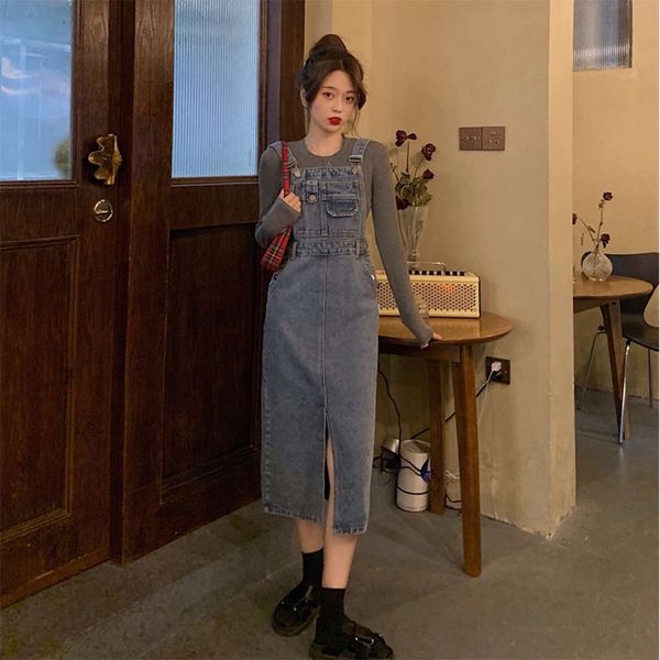 spring 2021 new large women's dress fat sister mm medium length denim long with strap showing thin skirt, Blue
spring 2021 new large women's dress fat sister mm medium length denim long with strap showing thin skirt, Blue