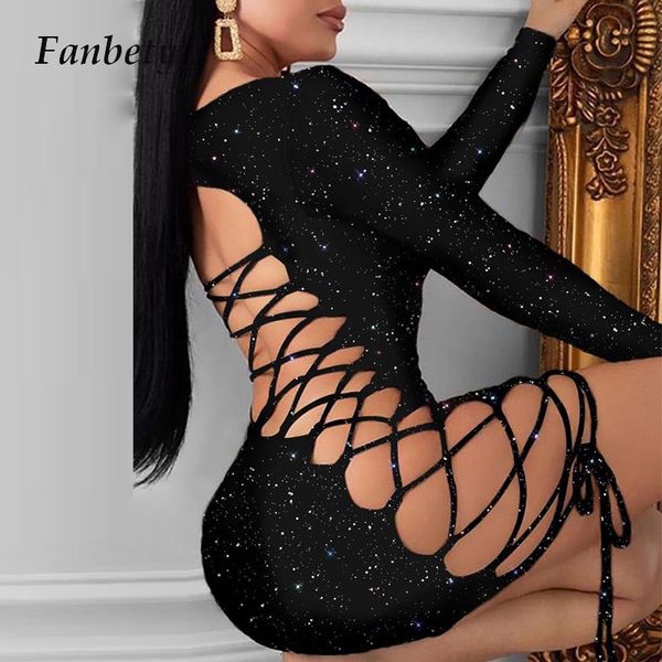 2021 new women deep v neck shiny bodycon lady hollow out tie-up backless mini spring long sleeve club wear ofe4, Black;gray