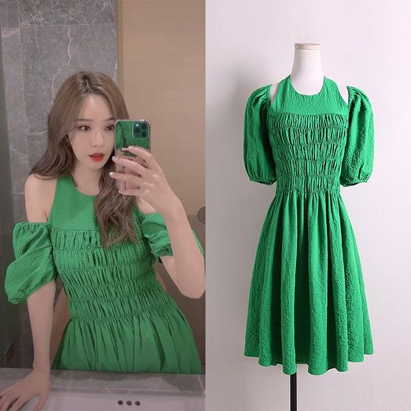 maternity dresses shen mengchen's same french shoulder bubble sleeve green dress with waist closing temperament long skirt, White
maternity dresses shen mengchen's same french shoulder bubble sleeve green dress with waist closing temperament long skirt, White