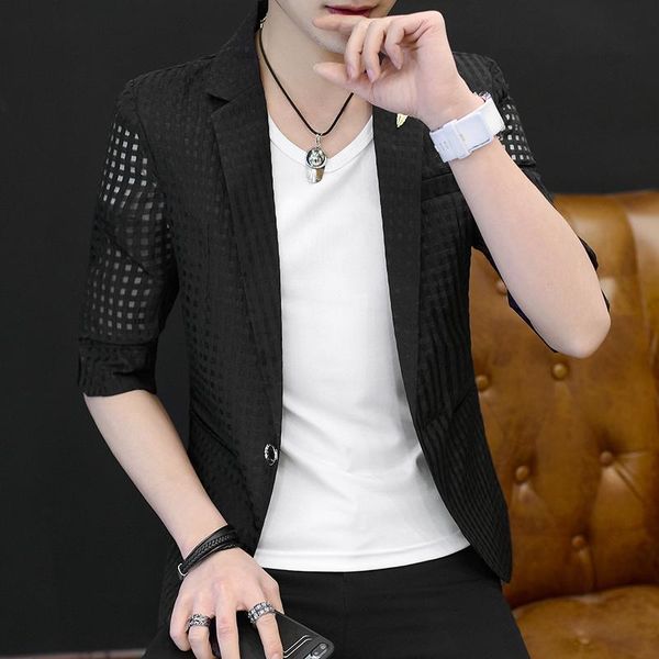 men's summer seven-quarter sleeve suit hair stylist korean hollow single western thin jacket men's middle sleeve slimming small, White;black
men's summer seven-quarter sleeve suit hair stylist korean hollow single western thin jacket men's middle sleeve slimming small, White;black