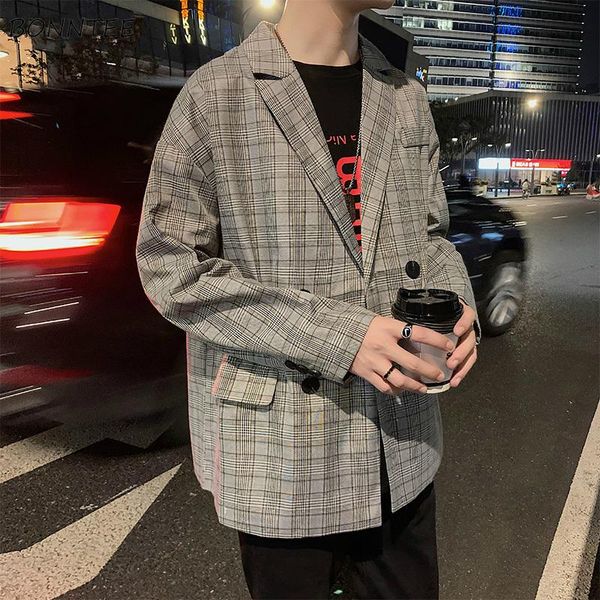 men's suits & blazers men gray plaid double breasted korean style chic leisure outwears loose fashion students teens thin all-match str, White;black