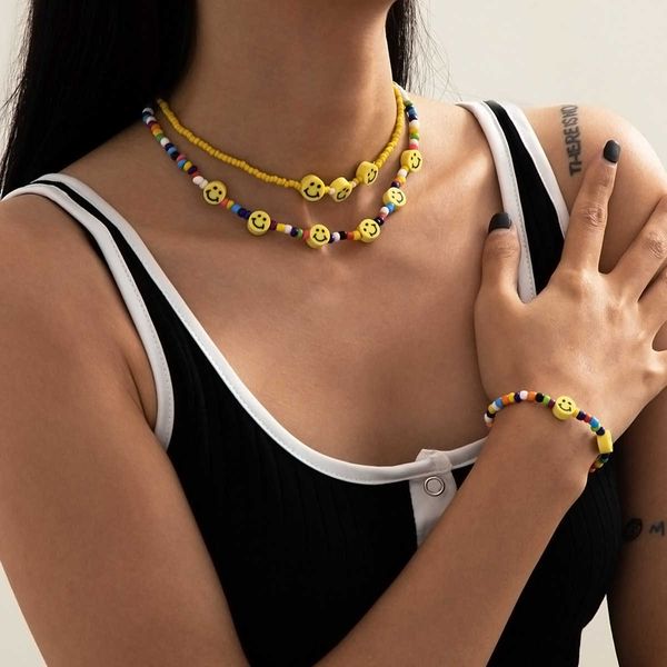 simple color rice bead chain necklace feminine temperament generous yellow smiling face jewelry set, Silver
simple color rice bead chain necklace feminine temperament generous yellow smiling face jewelry set, Silver