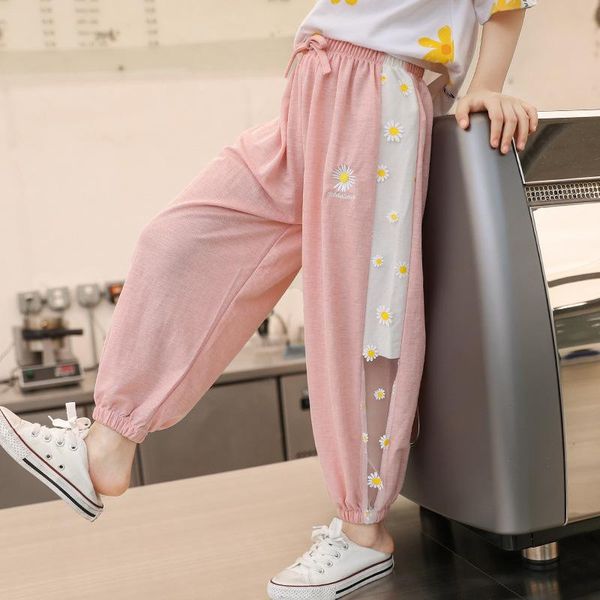 trousers girls loose thin pants fashion floral embroidery elastic waist pencil kids outdoor casual children clothing, Blue 
trousers girls loose thin pants fashion floral embroidery elastic waist pencil kids outdoor casual children clothing, Blue