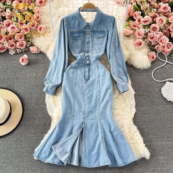 casual dresses women autumn turn down collar denim mermaid long dress sleeves slim elastic waist single-breasted cowboy fishtail, Black;gray
casual dresses women autumn turn down collar denim mermaid long dress sleeves slim elastic waist single-breasted cowboy fishtail, Black;gray