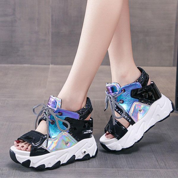 sandals patchwork mixed colors lace-up designer reflective sewing peep toe platform shoes fashion hollow out wedges woman, Black
sandals patchwork mixed colors lace-up designer reflective sewing peep toe platform shoes fashion hollow out wedges woman, Black