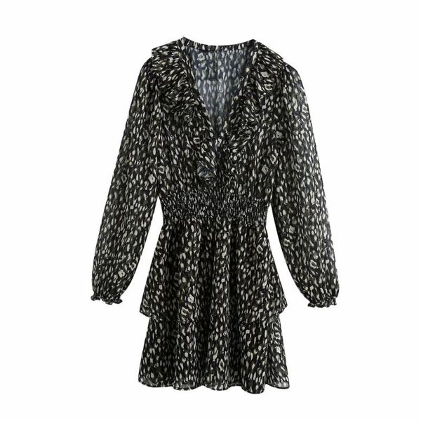 2021 new women dress animal printed v-neck long sleeves smocked elastic waist ruffle trims mini dress vestidos femme robe, Black;gray
2021 new women dress animal printed v-neck long sleeves smocked elastic waist ruffle trims mini dress vestidos femme robe, Black;gray
