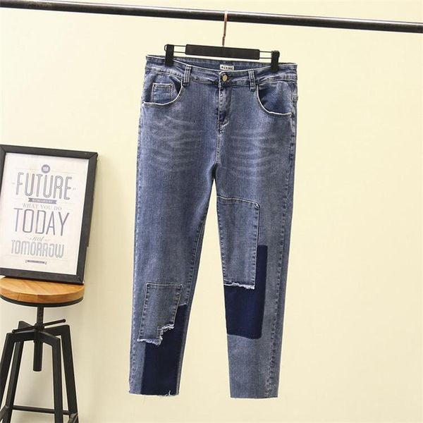 women's jeans plus size slim casual patchwork grey blue elastic waist denim pants 
women's jeans plus size slim casual patchwork grey blue elastic waist denim pants